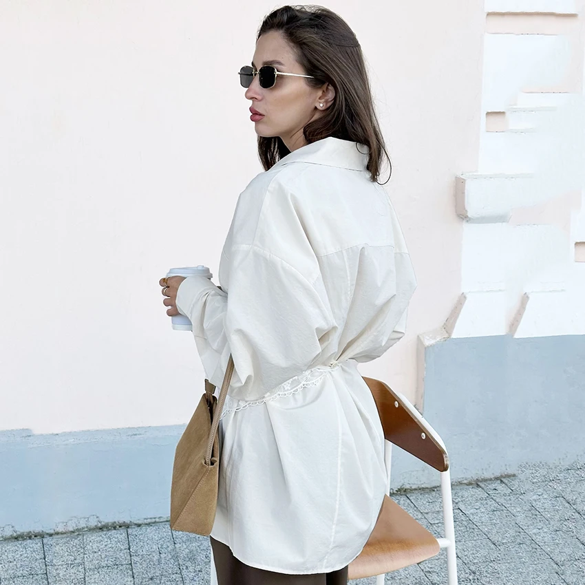 리나드 스트리트 시크 베이지 버튼업 셔츠 오피스룩 턴다운 칼라 여성 블라우스 2025 캐주얼 포켓 탑 여성 가을