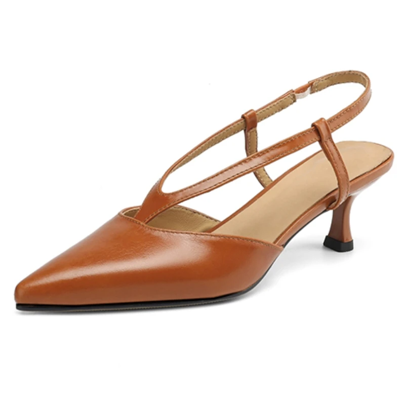 Women's Summer Sandals New 2026 Genuine Leather Kitten High Heels Party Shoes Sexy Closed Point toe Black Brown Slingback Pumps
