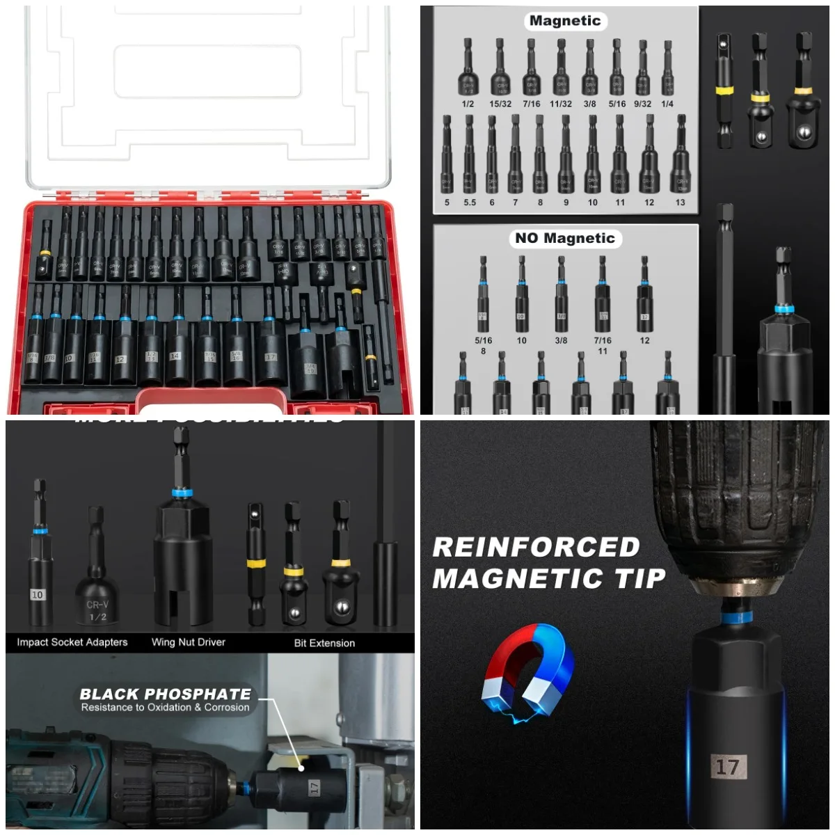 

34-Piece Magnetic Nut Driver Set, SAE & Metric, with Deep Sockets, Adapters, Extension Bar, in Storage Case