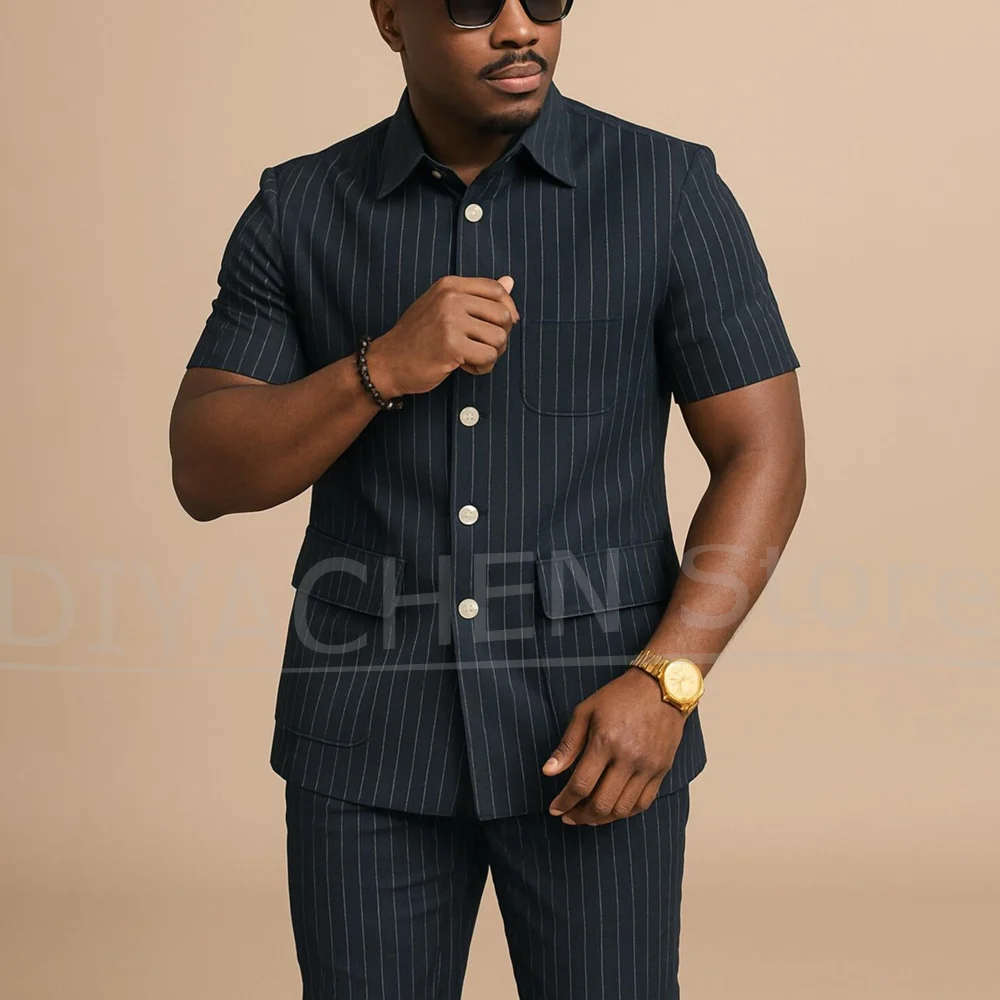 

Navy Blue Striped Men Suits Chic Stand Collar Short Sleeves Wear Single Breasted Office Business Casual Male Suit 2 Piece