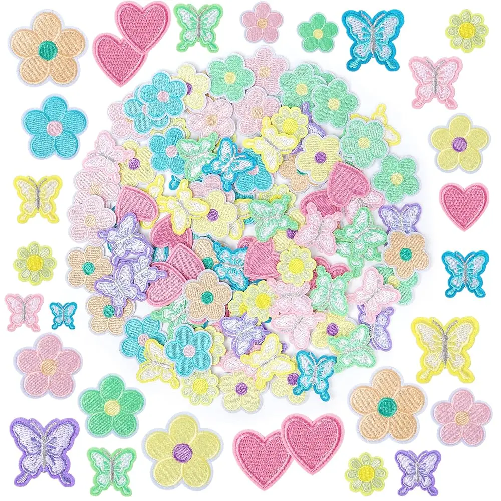 

Iron on Embroidery Patches Flower for Clothing: 100PCS Pastel Butterfly Heart Embroidered Patches - Cute Sew on Small Appliq