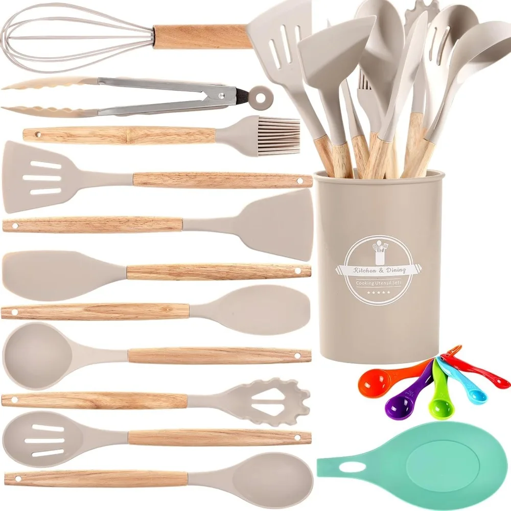 

silicone cooking utensils set, 446°f heat resistant kitchen utensils set,spatula set for cooking wooden handle silicone gadgets