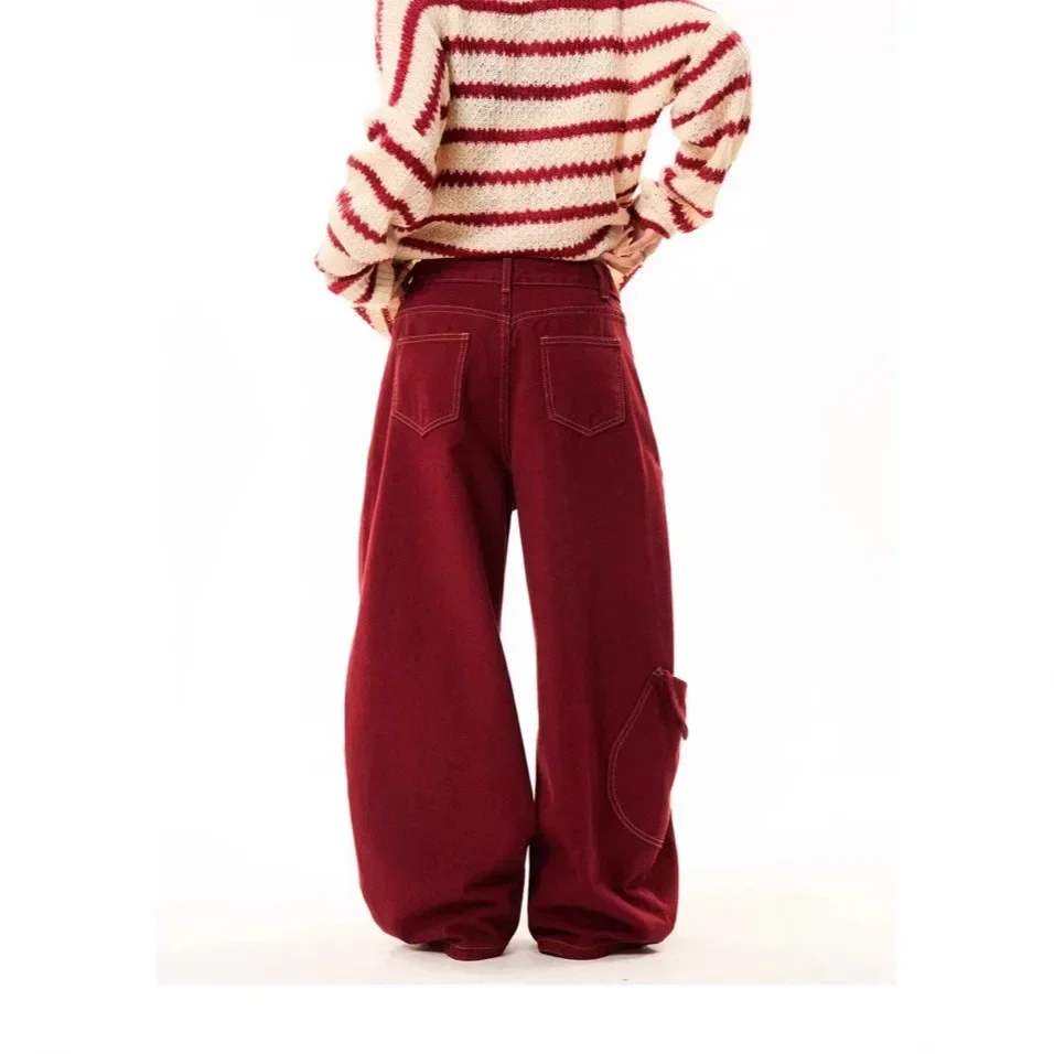 Pop American Retro Deconstructed Red Workwear Wide Leg Jeans Women High Street Vibe Design Loose Fit Denim Pants