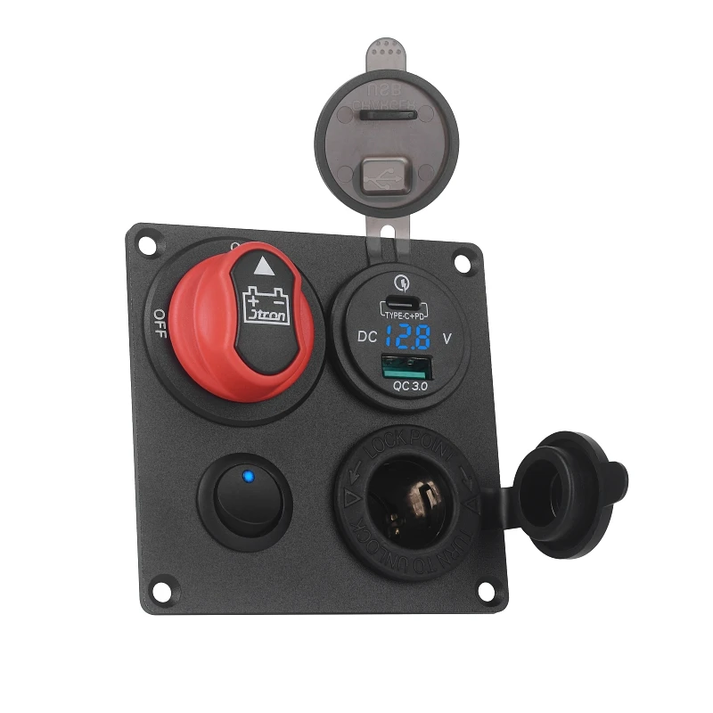 Car combination panel battery switch power off Type-C USB QC3.0 car charging socket