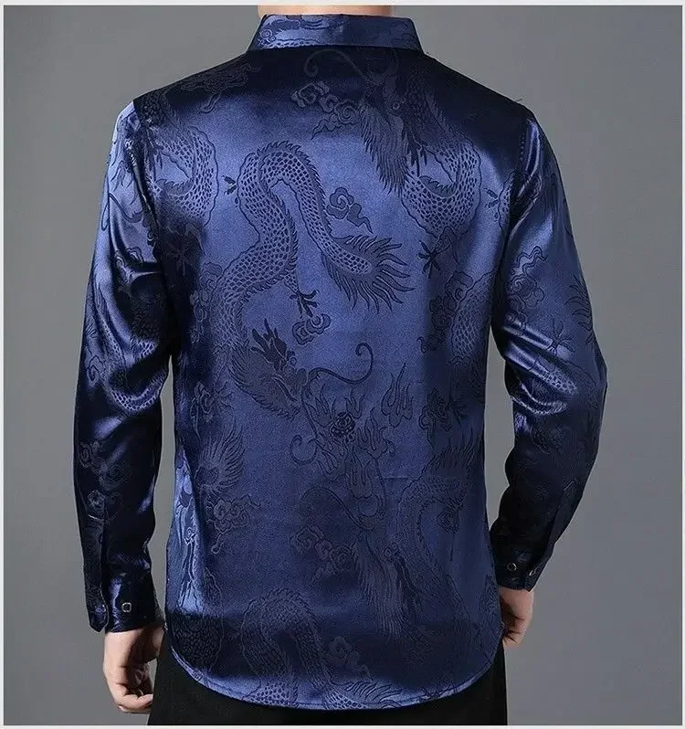 

Men Business Formal Satin Shirts Long Sleeve Blouse Faux Silk Dragon Loose Tops Autumn Winter Middle-Aged Men Simulation