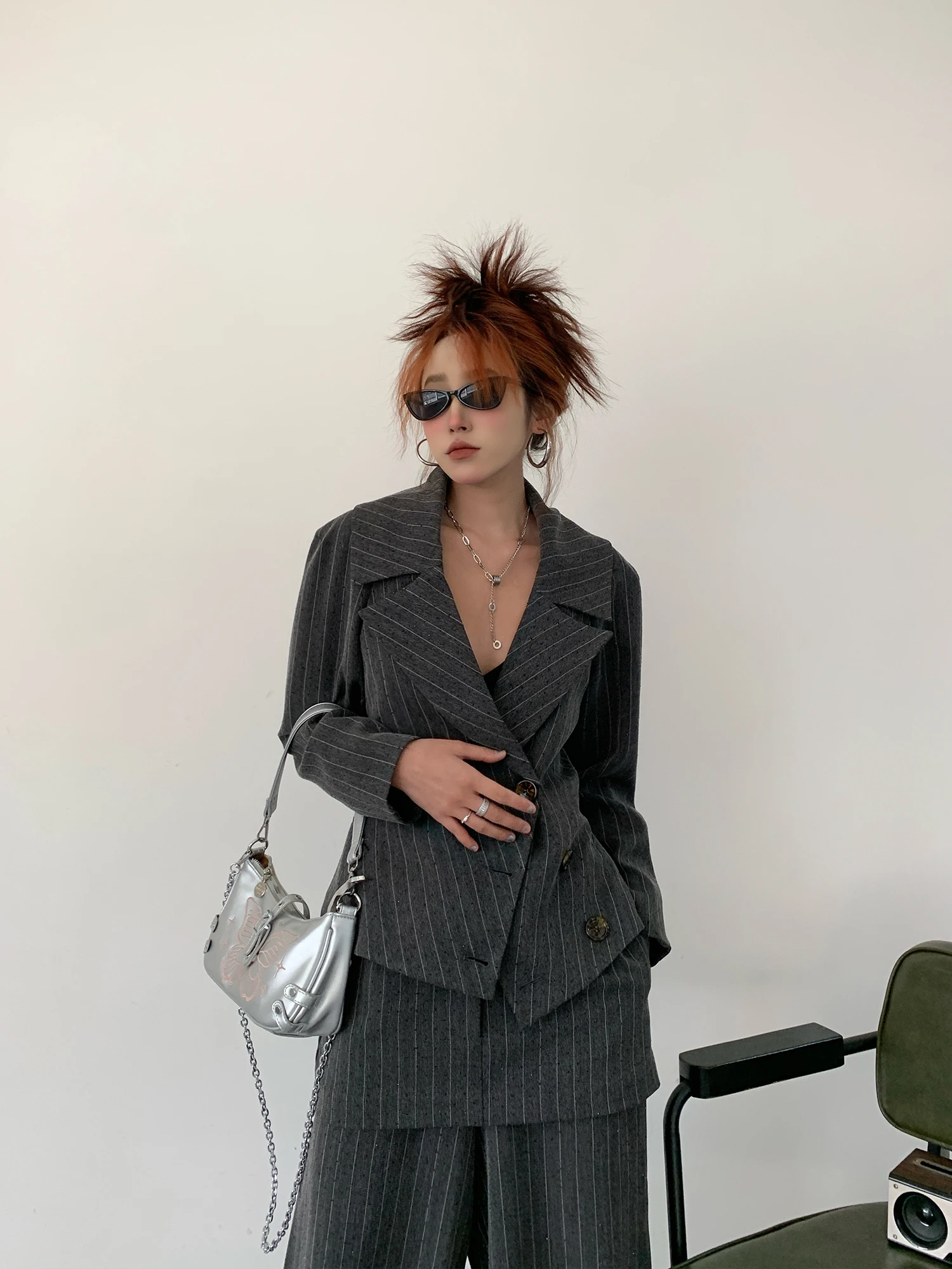 Tannt Women Blazer 2025 New Vintage Gray Striped Blazers Jacket For Women Fashion Casual Short Gray Striped Suit Coats