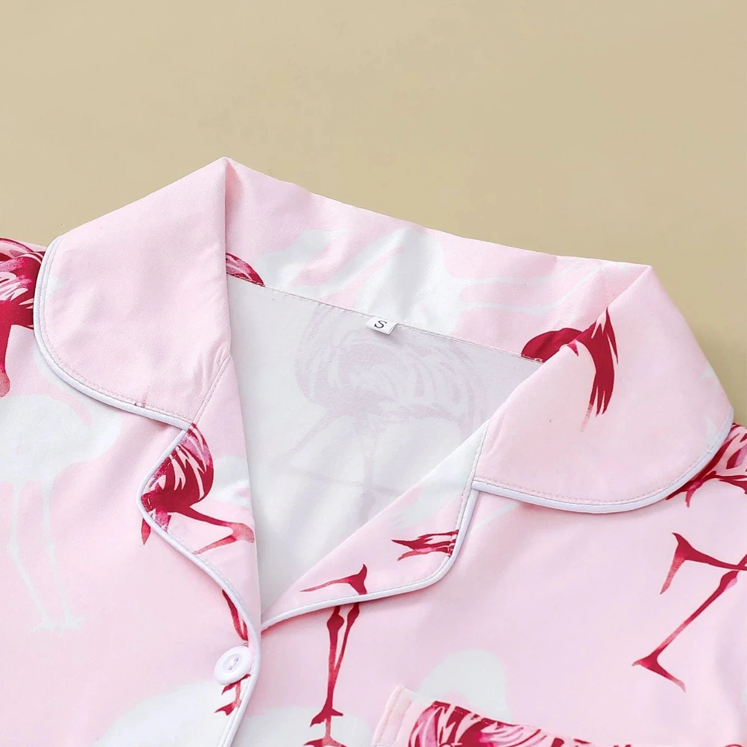 بيجامة على شكل حيوان وردي مع طية صدر السترة مطبوعة على شكل طائر الفلامنغو بأكمام قصيرة وبنطلون طويل ملابس للاستلقاء مجموعة ملابس منزلية هدايا للنساء #3