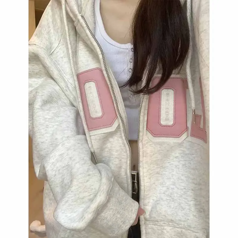 Spring Autumn New Female American Style Retro Style Hoodies Sweatershirts Women Loose Fit Long Sleeved Cardigan Hooded Hoodie