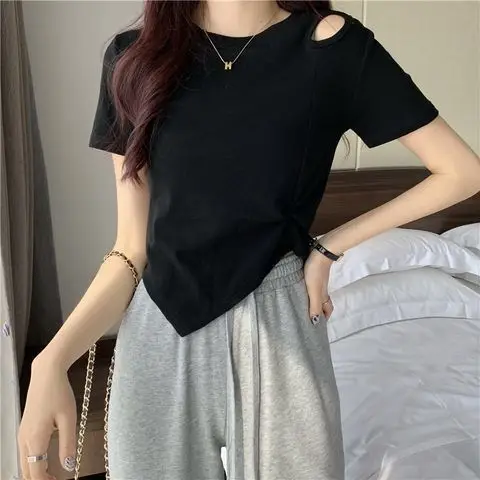 New Summer Fashion Y2K T-shirt Woman Hollow Out Sexy Crop Top High Waist Short Sleeve Tee Shirt Women Pleated Clothes Kpop