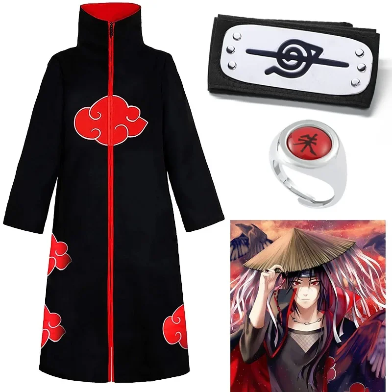 Naruto Akatsuki Cosplay Clothing Cos Props Costumes Set Headbands Ring Necklace Mask Uchiha Itachi Tobi Adult Child Size Gifts