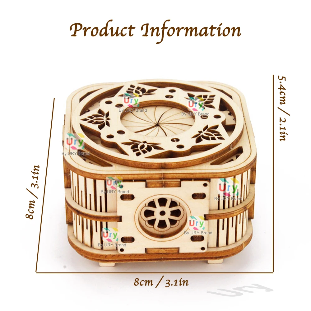 URY 3D Wooden Puzzle Mini Music Antique Password Treasure Proposal Ring Box Lockbox DIY Advanced Assembly Creative Gift
