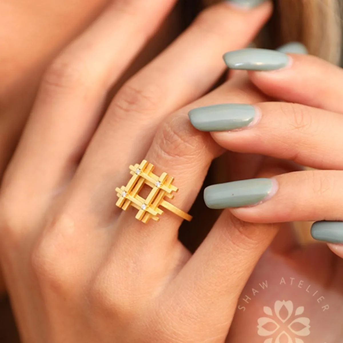 Unique Design Sense Gold Color Building Block Geometry Ring Women's French Style High-end Banquet Jewelry Ring Accessories Gifts