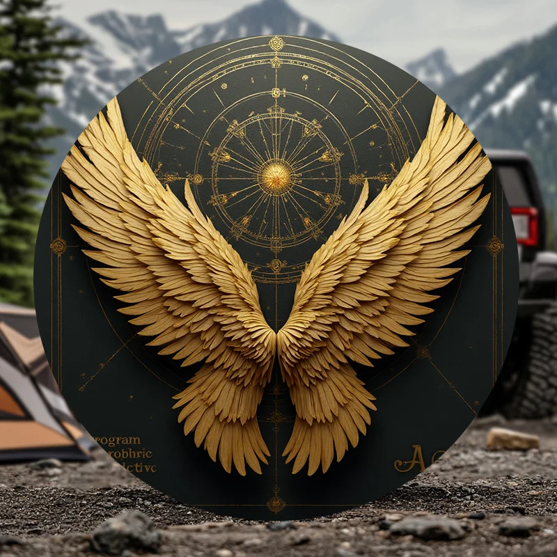1pc Car Spare Tire Cover With Unique Golden Angel Wings And Mysterious Starry Sky Compass Design, Exuding Luxury Elegance & Pers