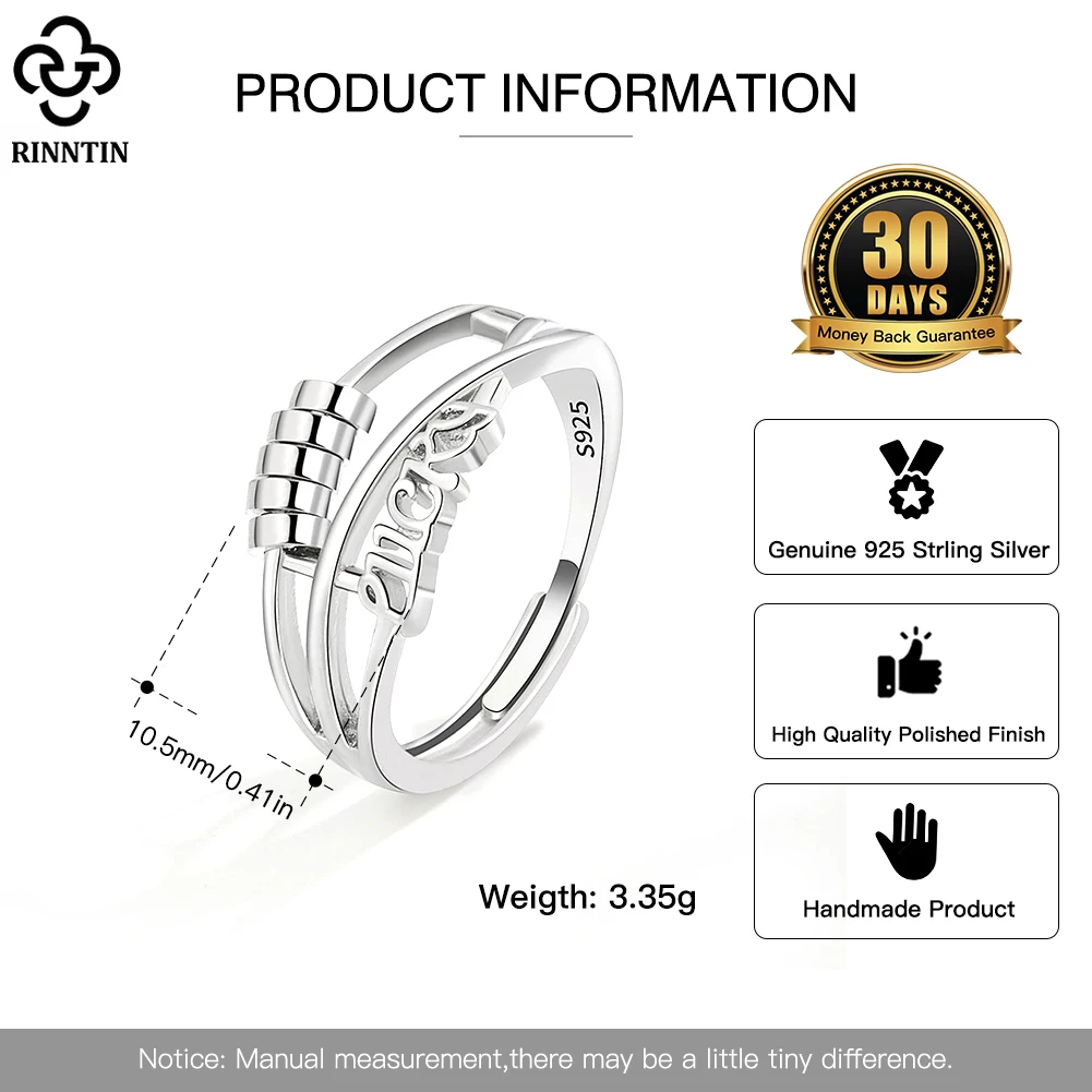 Rinntin 925 Sterling Silver Fidget Anxiety Ring with Rotatable Bead for Women Open Spinner Finger Ring Party Jewelry SR296