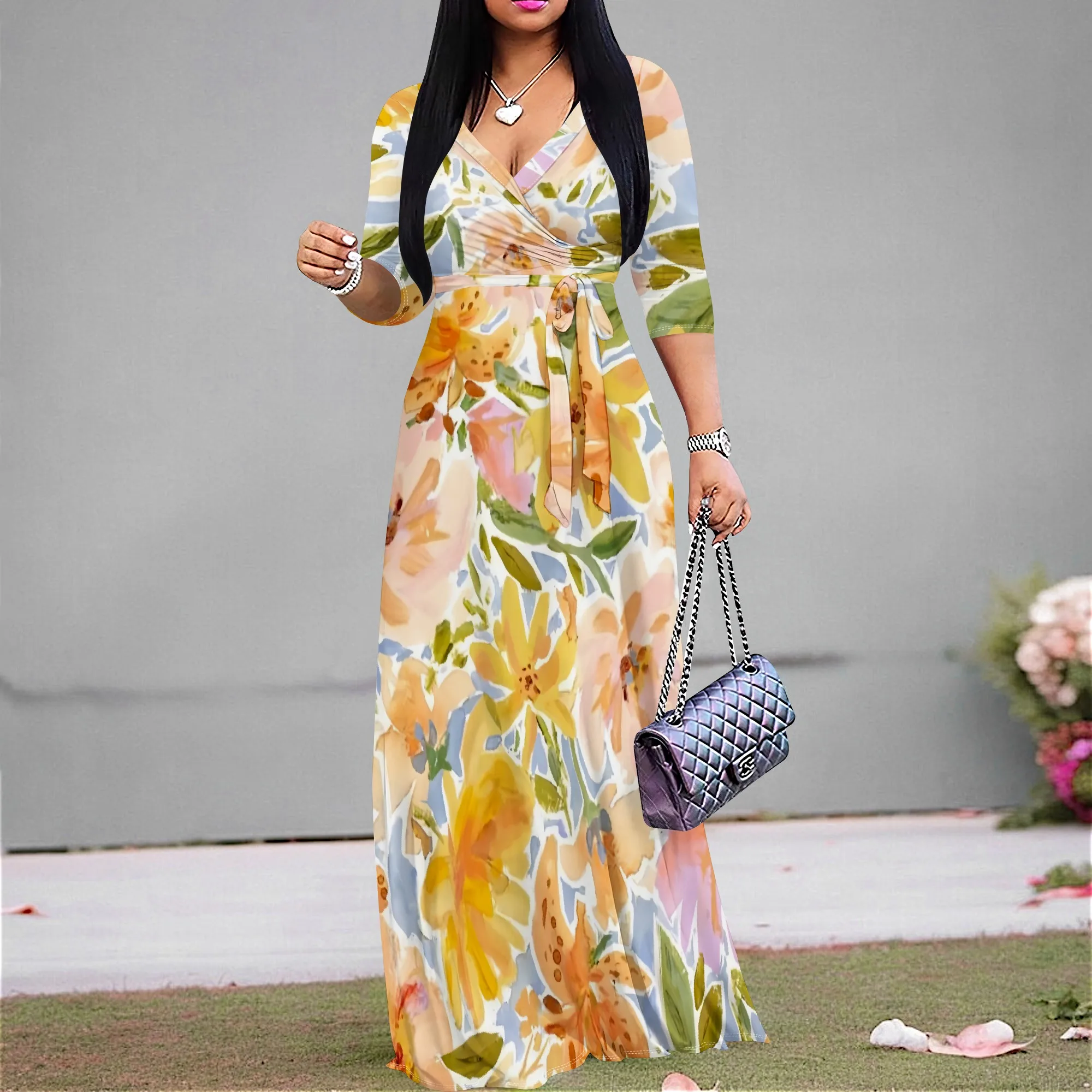 

Pastel Floral Maxi Dress S-3XL V-Neck Wrap Style with Tie Waist & 3/4 Sleeves for Spring Brunch, Garden Party or Vacation