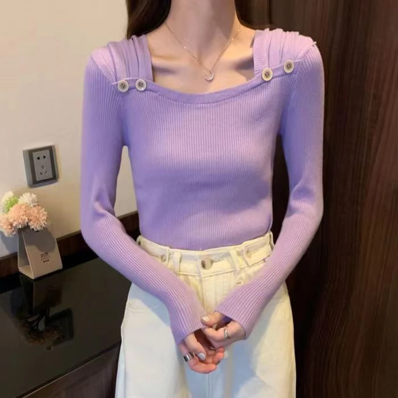 Spring Autumn Fashion One Character Collar Long Sleeve Solid Pullovers Women\'s Clothing French Style Sweater All-match Chic Tops