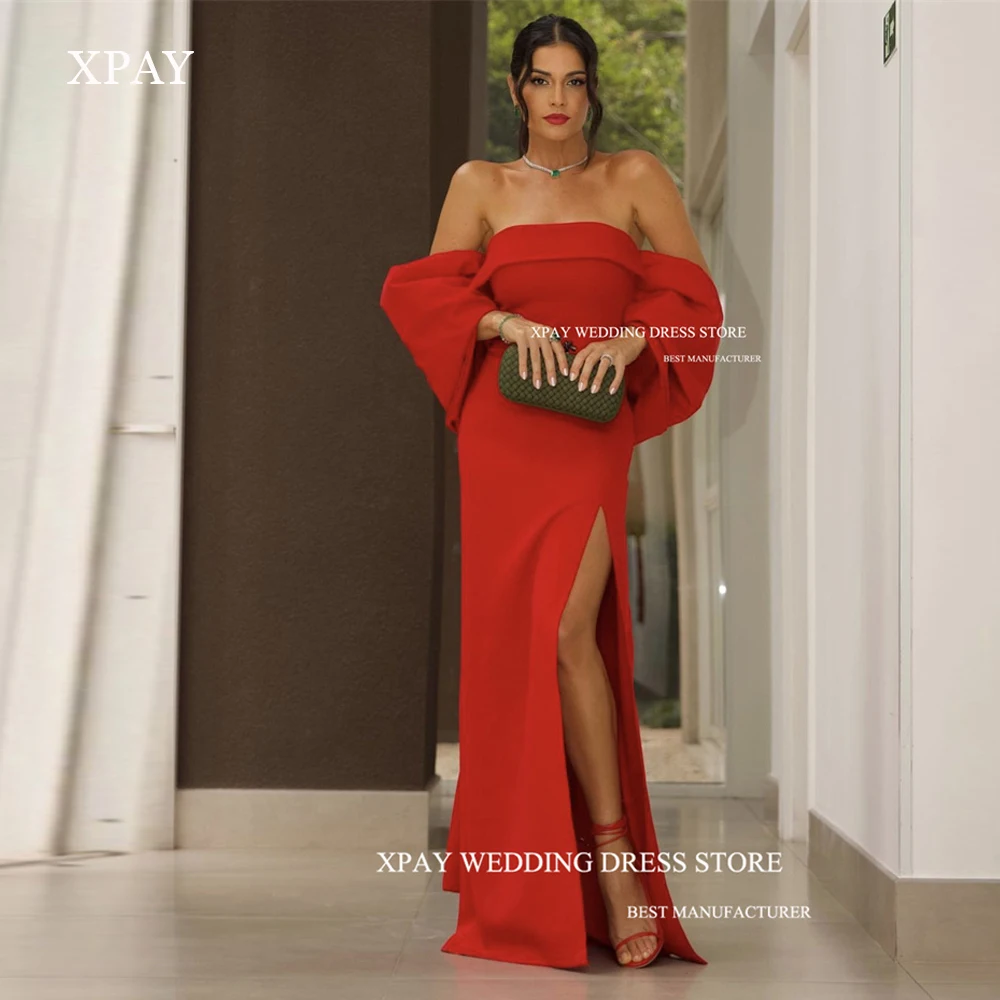 

XPAY Sexy Red Mermaid Evening Dresses Off the Shoulder Sleeves Split Wedding Guest Dress Women Simple Prom Gowns Vestidos