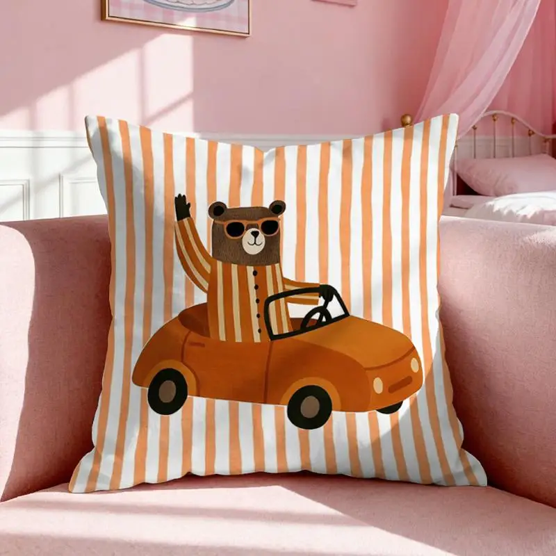 1pc Striped Cartoon Bear Driving Pillowcase, Cute Vintage Orange Sofa Cushion Cover, Bedroom Decorative Pillowcase, Made of Soft Polyester Short Plush Fabric, Machine Washable, Pillow Insert Not Included - 2 Sizes Available