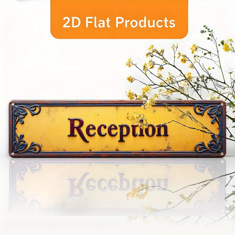 Flaches, großes, verziertes Empfangsschild im Vintage-Stil von 2D – Willkommens-/Empfangsschild aus robustem Aluminium mit goldenem Schriftzug und dunklem B