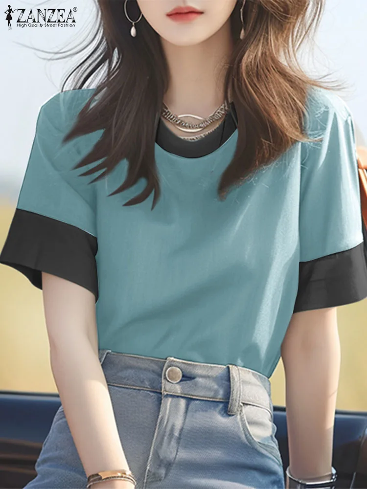 ZANZEA Casual Color Block Blouses Leisure Everyday Short Sleeve 2024 Summer Women T-shirts Korean Fashion O Neck Blusas Mujer