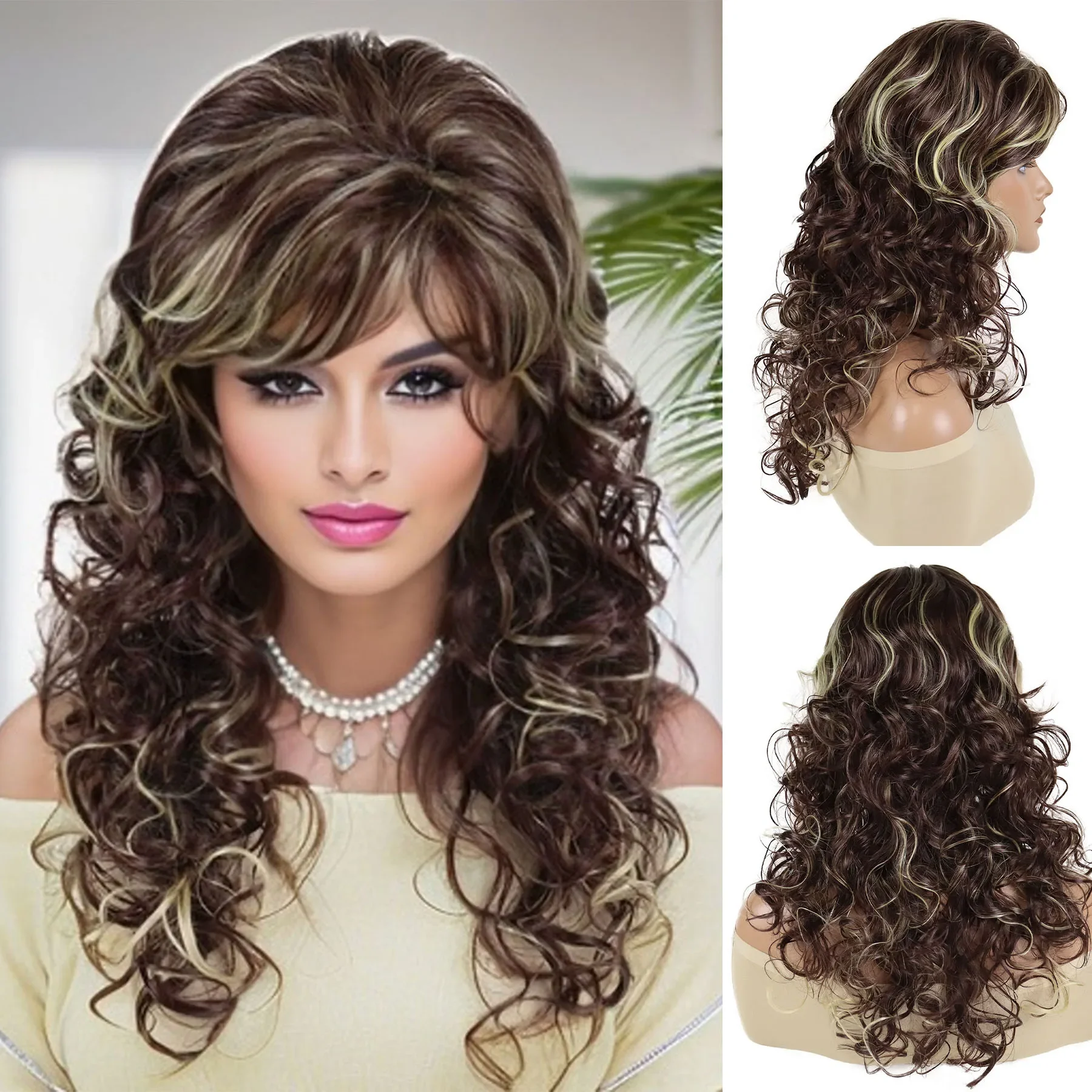 

Synthetic Mommy Wigs with Bangs for Women Natural Long Curly Wig Mixed Brown Highlights Blonde Hairstyles Fashion Vintage Styles