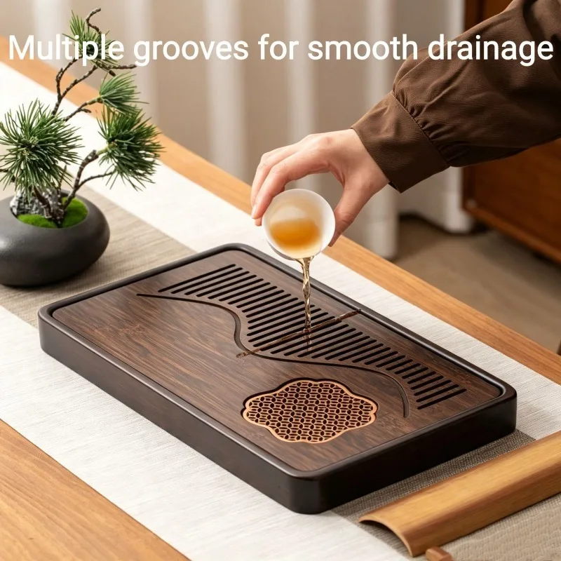 1Pc Bamboo Tea Tray with Window Lattice Carving, 11 Inch Gongfu Tea Serving Table with Drainage Hole, Chinese Tea Ceremony Serving Tray