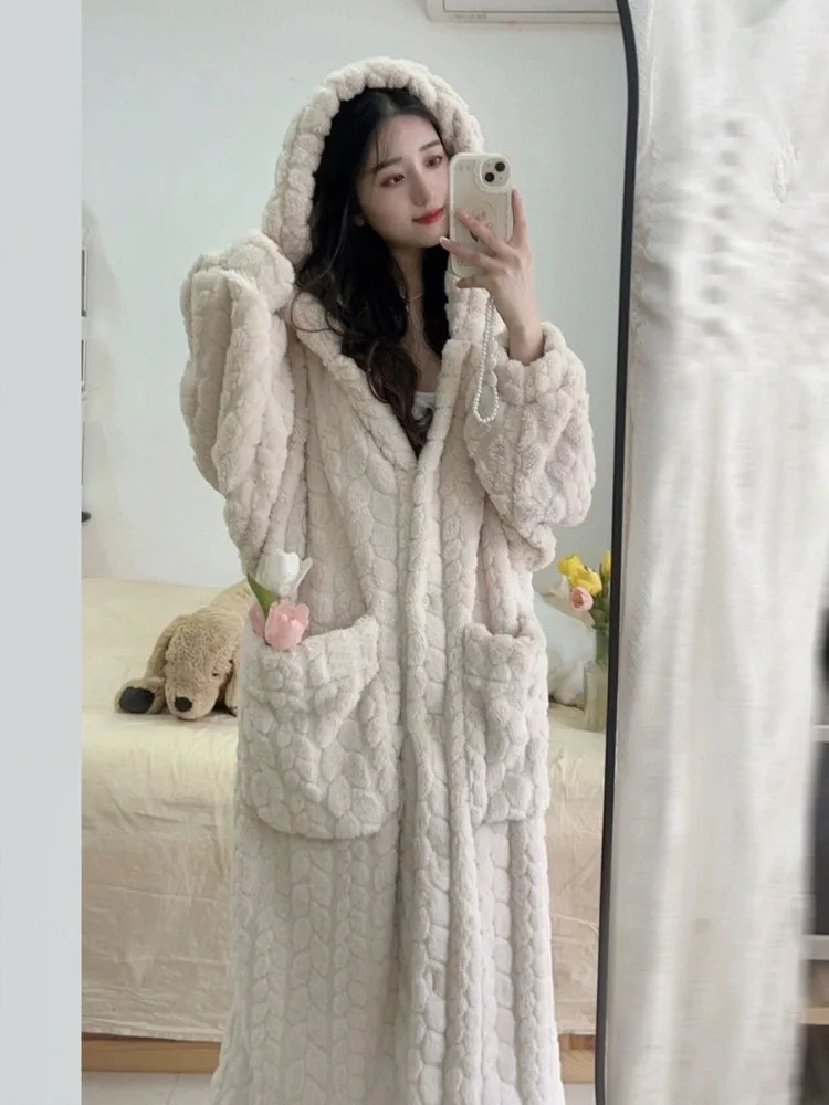 Hooded Robes Women Pockets Solid Leisure Special Cute Warm Winter Nightwear Soft Korean Style Design Ladies Vintage Age-reducing