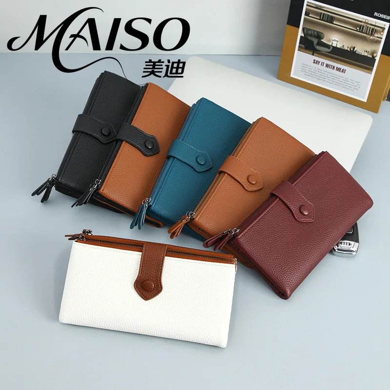 PU leather RFID lady's wallet with folding and color-matching multi-compartment storage snap closure for business handbag