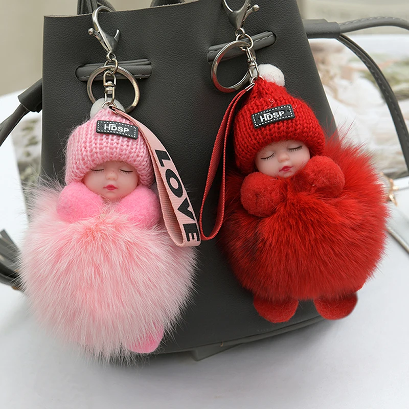 Pompom Sleeping Baby Keychain Cute Fluffy Plush Doll Keychains Women Girl Bags Keyrings Cars Key Ring Gift Charming Decoration