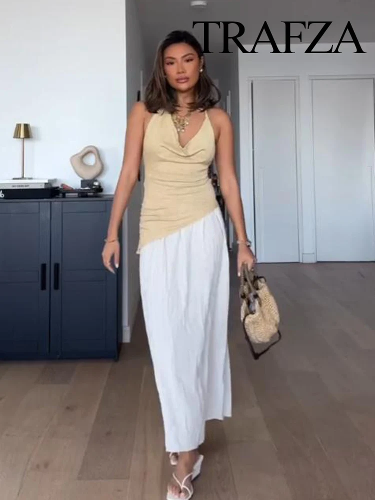 HH Women's Fashion Simple Spliced ​​Halter Neck Sleeveless Dress Female Elegant Slim Sexy Backless Party Pleated Long Dress