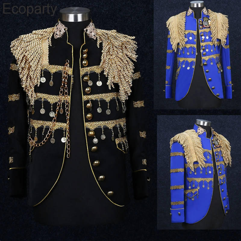 Mens Medieval Luxury Noble Prince Costume Spanish Bullfighter Clothes Metal Tassel Cardigan Jacket Singer Stage Performance Coat