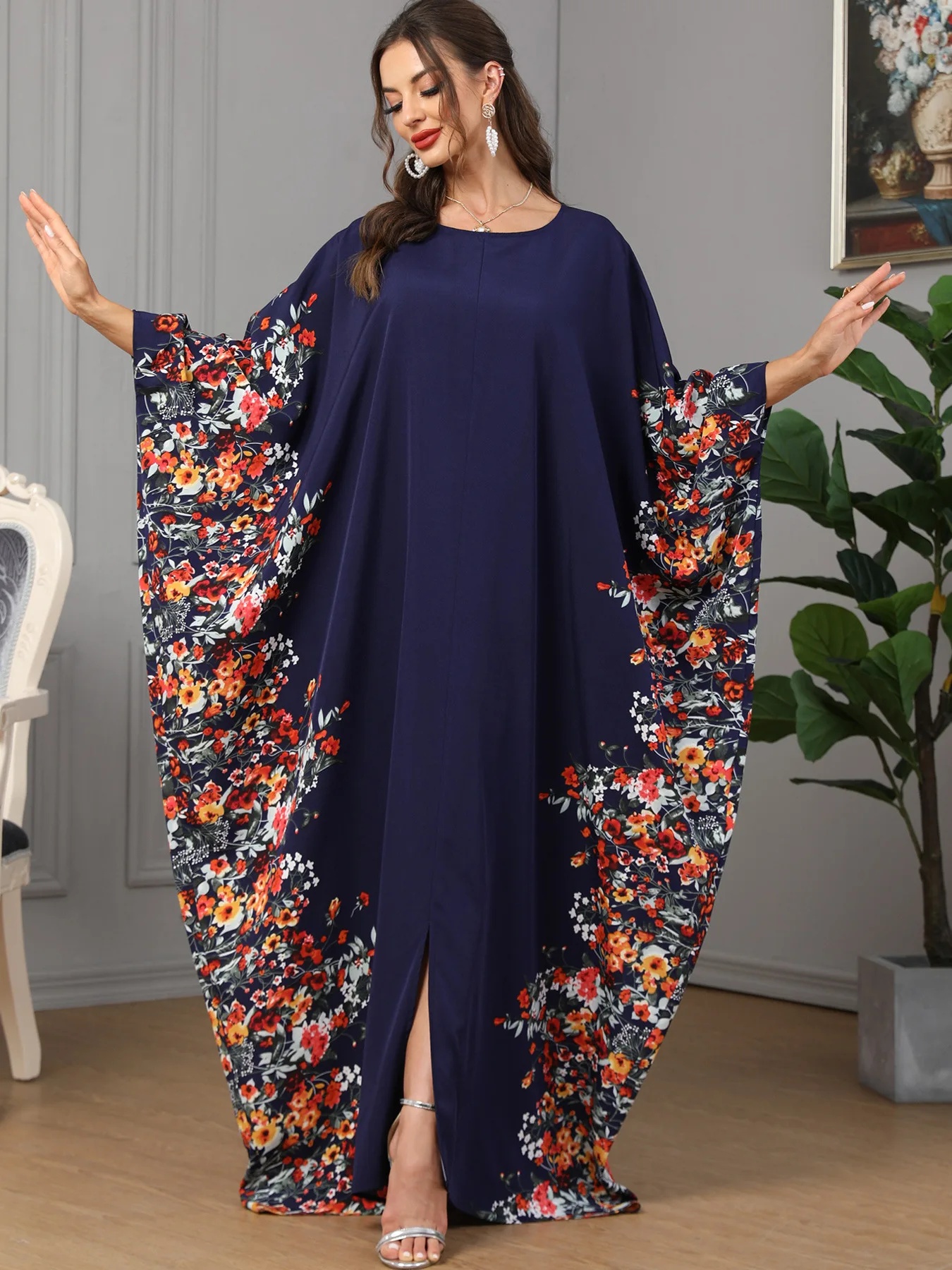 Eid Muslim Party Dress for Women Ramadan Abaya Bat Sleeve Print Long ...