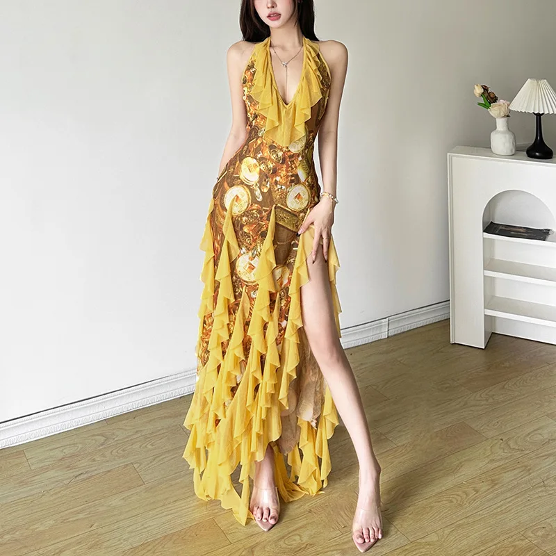 

Summer New Sexy Ruffle Hem Vacation Style Hot Girl Halter Neck Tank Dress Women Fashion Trendy Beachwear Casual Outfit