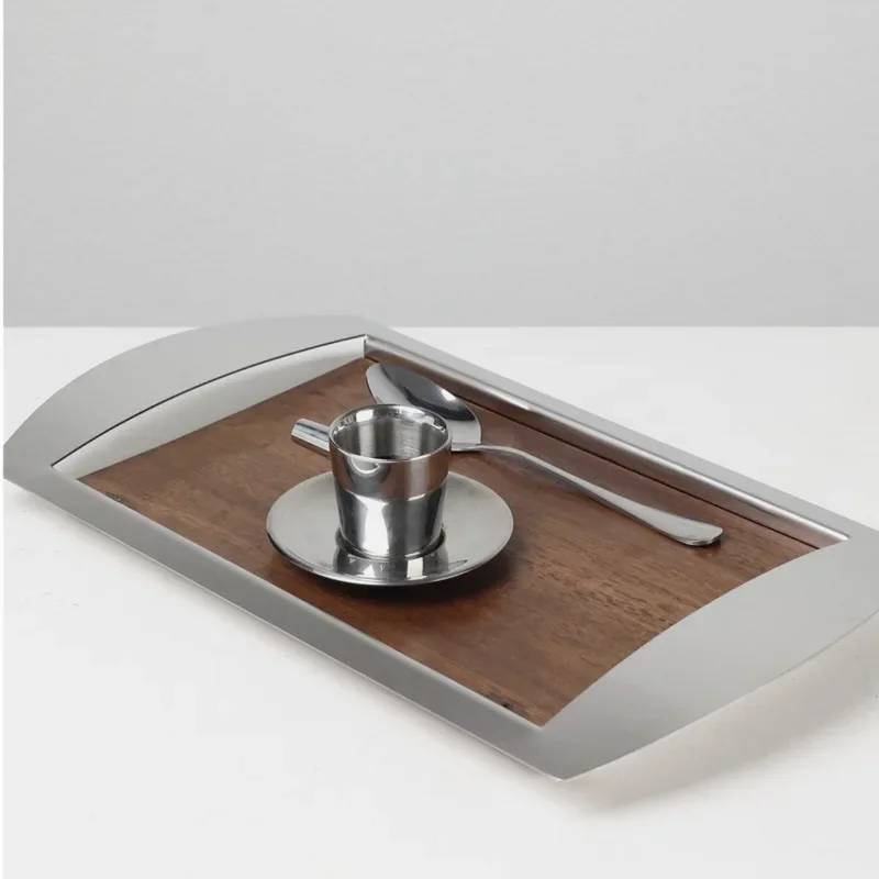 

Modern Luxury Decorative Tray – Stainless Steel and Walnut, Ideal for Sample Room and Living Room Decor, Serving Tray