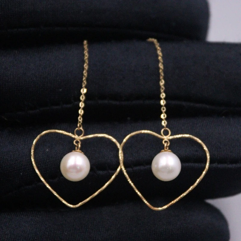 Real Pure 18K Yellow Gold Women Lucky O Link Chain Sea Pearl Bead Heart Dangle Earrings