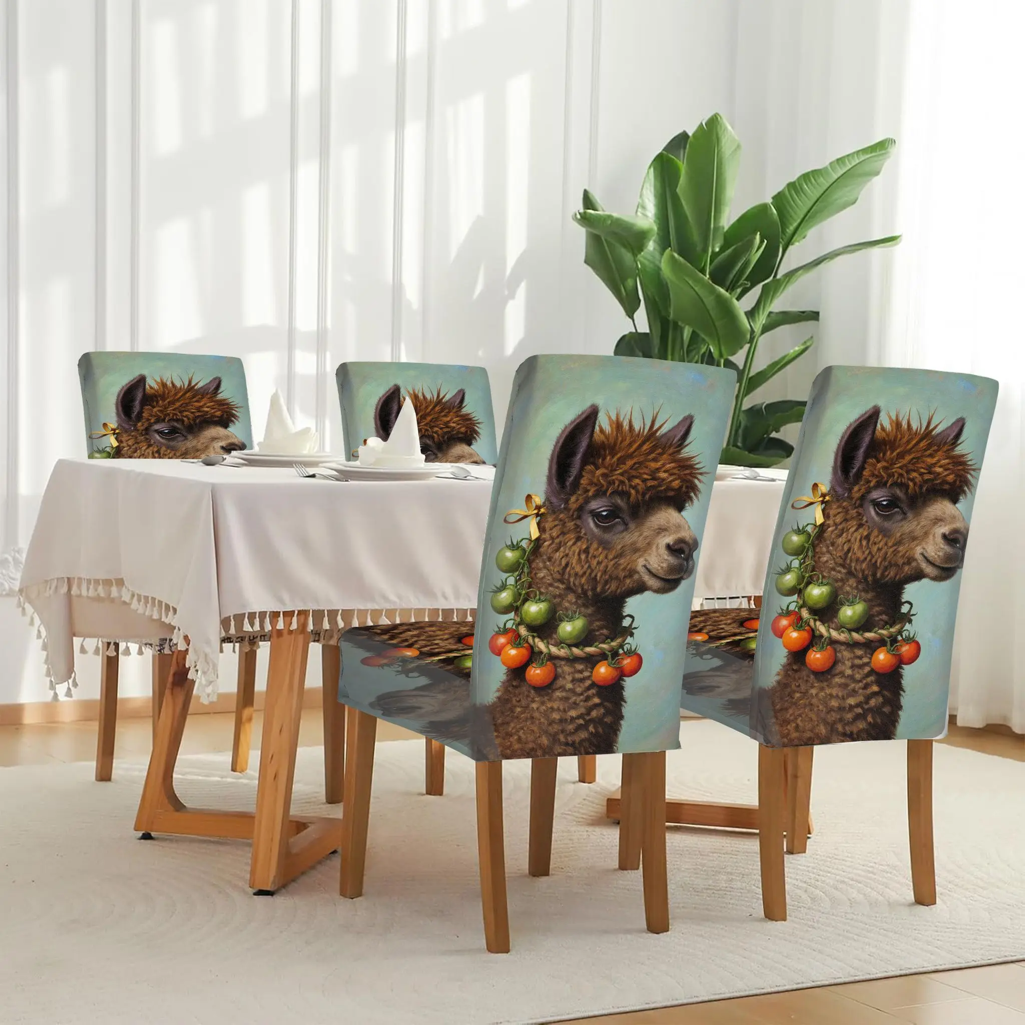 

Elastic dining chair cover Unique alpaca portrait art painting Removable, washable, home dining chair cover