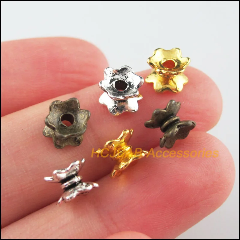 70Pcs Antiqued Bronze Gold Silver Plated Lotus Flower Spacer End Beads Charms 5x7mm