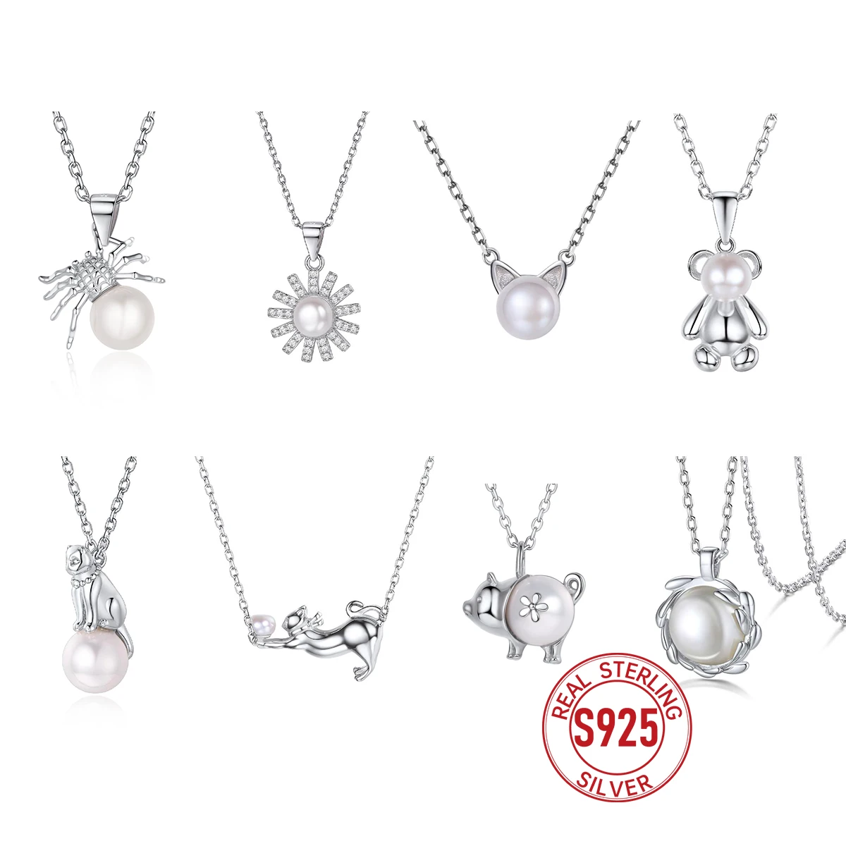 

U7 925 Sterling Silver Freshwater Pearl Animal Necklaces for Women Chic Car Bear Pig Spider Flower Multiple Charm Jewelry QC24