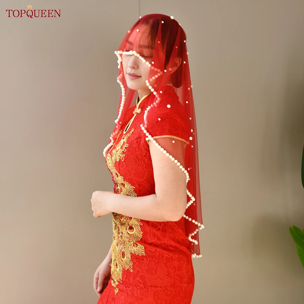TOPQUEEN kerudung pengantin mutiara jilbab manik-manik kerudung pengantin hitam merah Aksesori pernikahan pendek mewah elegan dapat disesuaikan V266