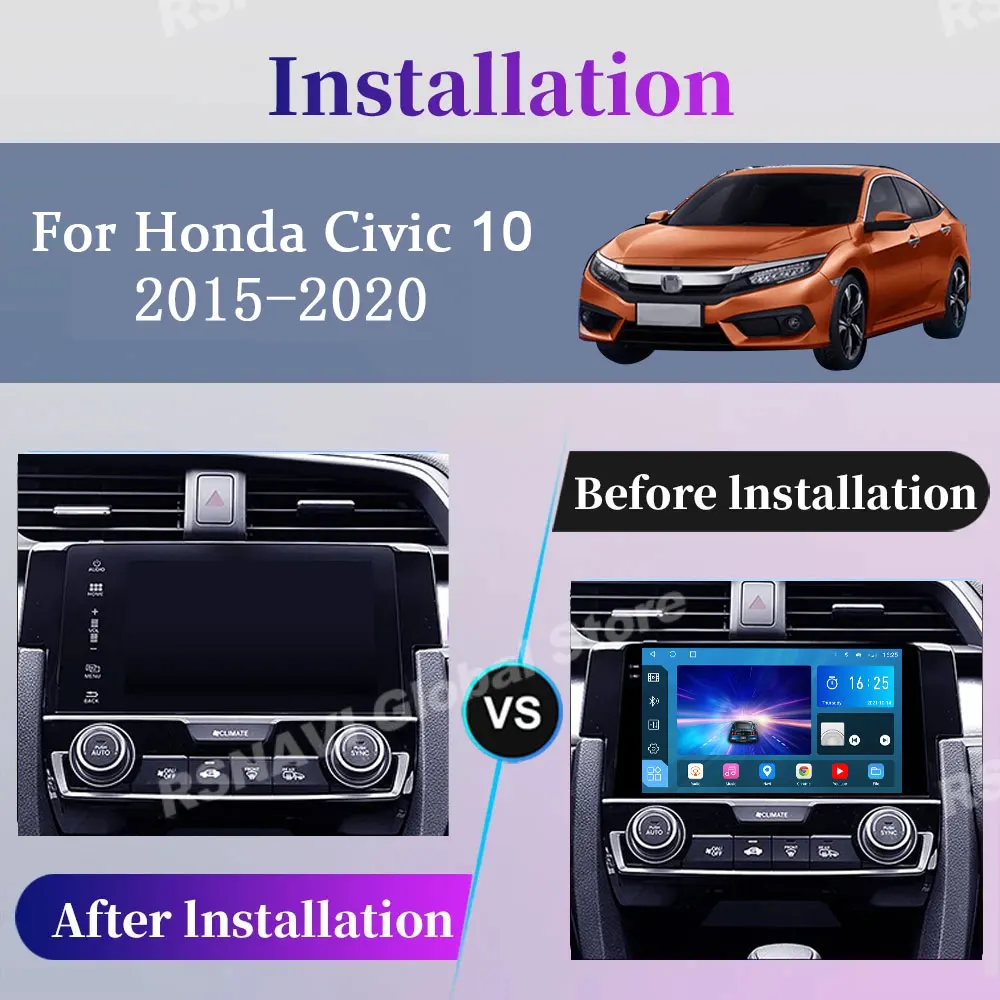 Android 14 Car Radio For Honda Civic 10th 2016 2017 2018 2019 2020 Stereo Multimedia Video Player GPS Wireless Carplay Head Unit