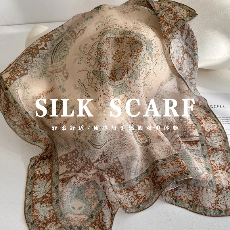 Silk Scarf Summer Garden Series Sheer Floral Pattern Elegant Soft Versatile Wrap Neck Scarf for Women Casual Vacation