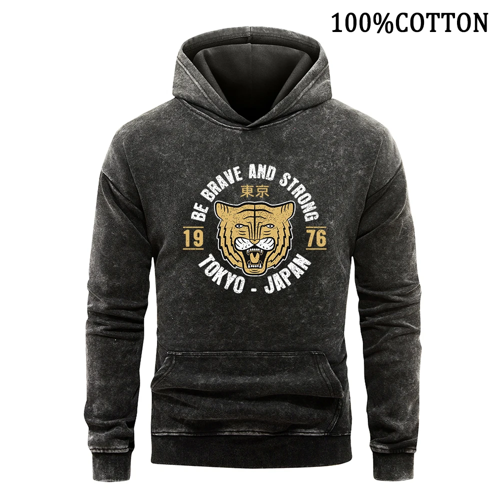 Tokyo Tiger 1976 Print Man Hoodies Vintage Washed 100% Cotton Hoodie Leisurewear Pullover Soft Sports Shirt Hoody Loose Clothing