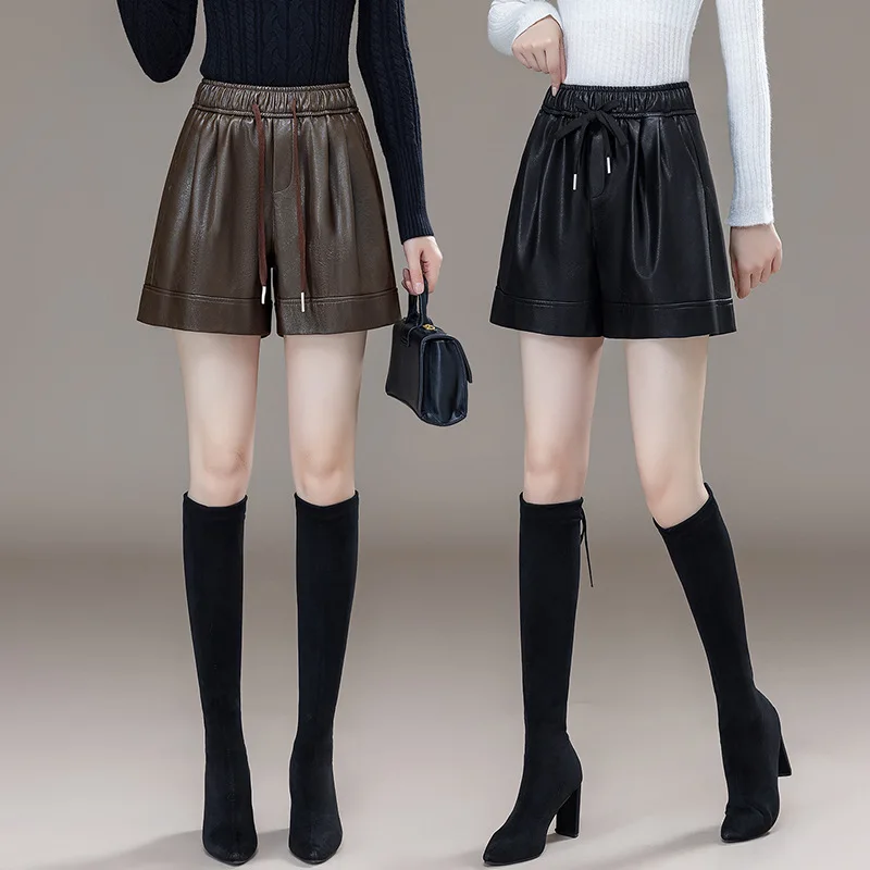 Einfarbige Ledershorts mit elastischem Bund und Kordelzug für Damen, neuer Herbst- und Winterstil, zierliches, schlankmachendes, weites Bein mit hoher Taille