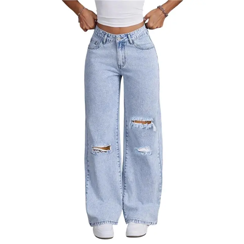 

ABRT-Women's Ripped Jeans High Waisted Distressed Baggy Straight Wide Leg Pants Light Blue L