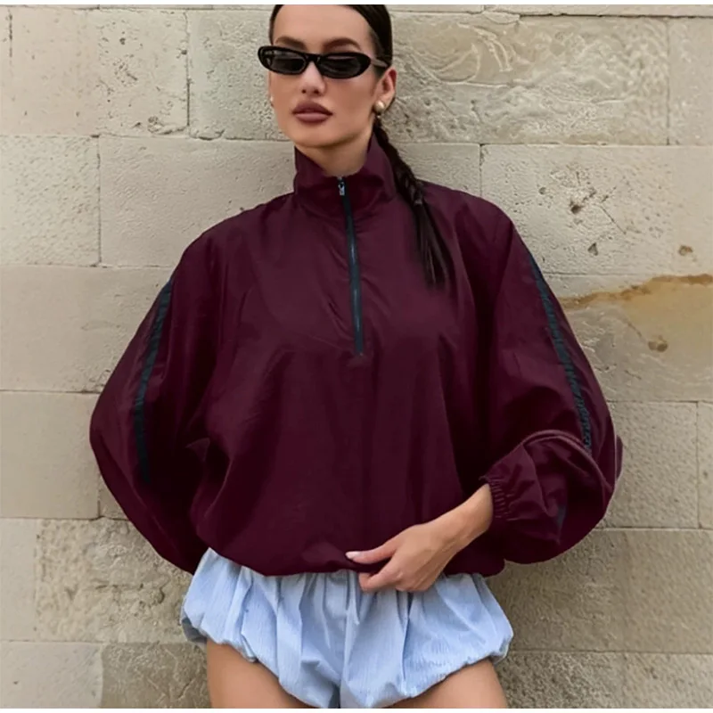 Halb-Reißverschluss Oversize-Mäntel für Damen, Street-Style Stehkragen, Laternenärmel, Paneelierte Lose Passende Jacken, Schicke Damen-Oberbekleidung – Detail 11
