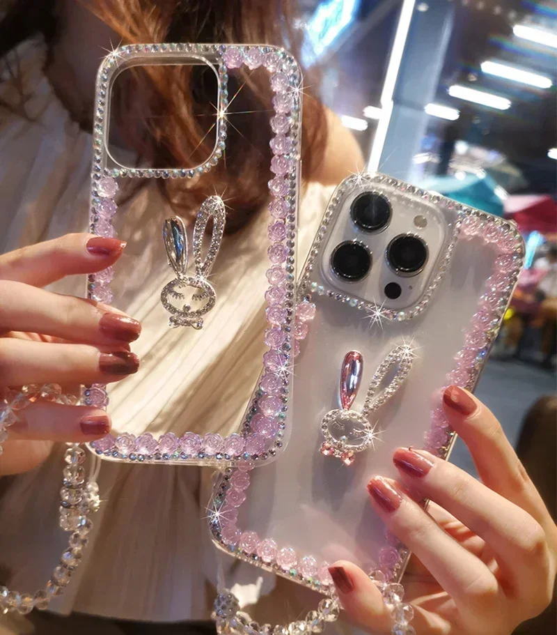 Cute Rhinestone Rabbit Phone Case For iphone 15Pro 14Plus 13 Pro 12 Mini 11Pro MAX XSMAX XR 16 PLUS Crystal Flowers Clear Cover