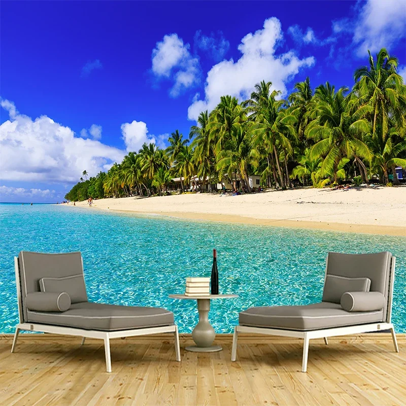 Custom 3D Sticker Beach Sea view Coconut Tree Landscape Photo Wallpaper Living Room Bedroom Sticker For Wardrobe Decor Mural
