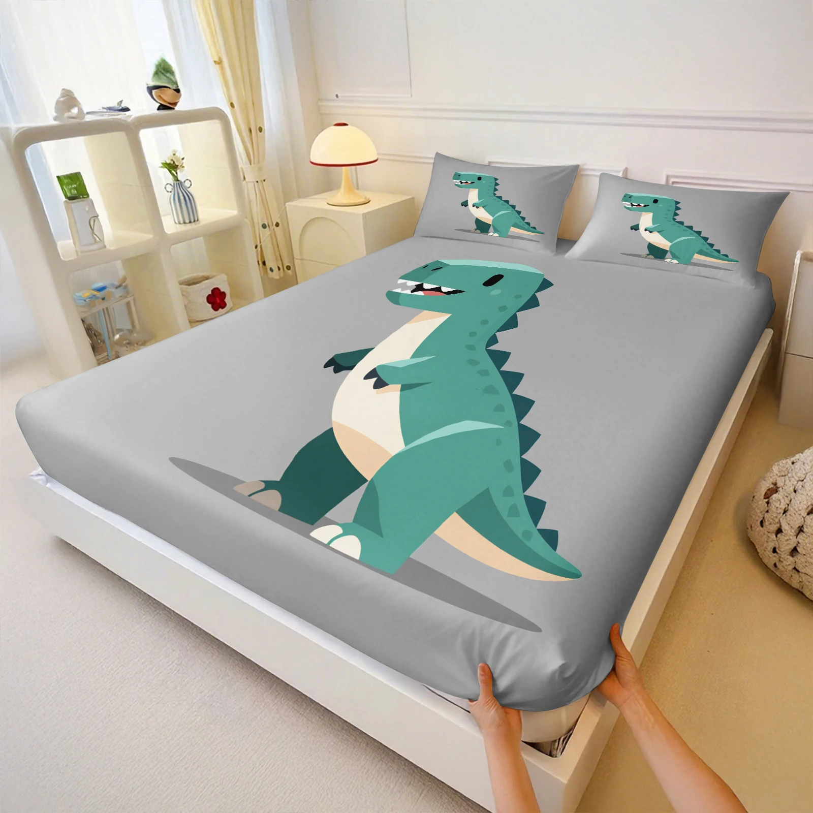 漫画風の緑色の恐竜柄のシーツセット。グレーのベースにティラノ - Fitted Bed Sheets Deep Pocket のレビューと価格