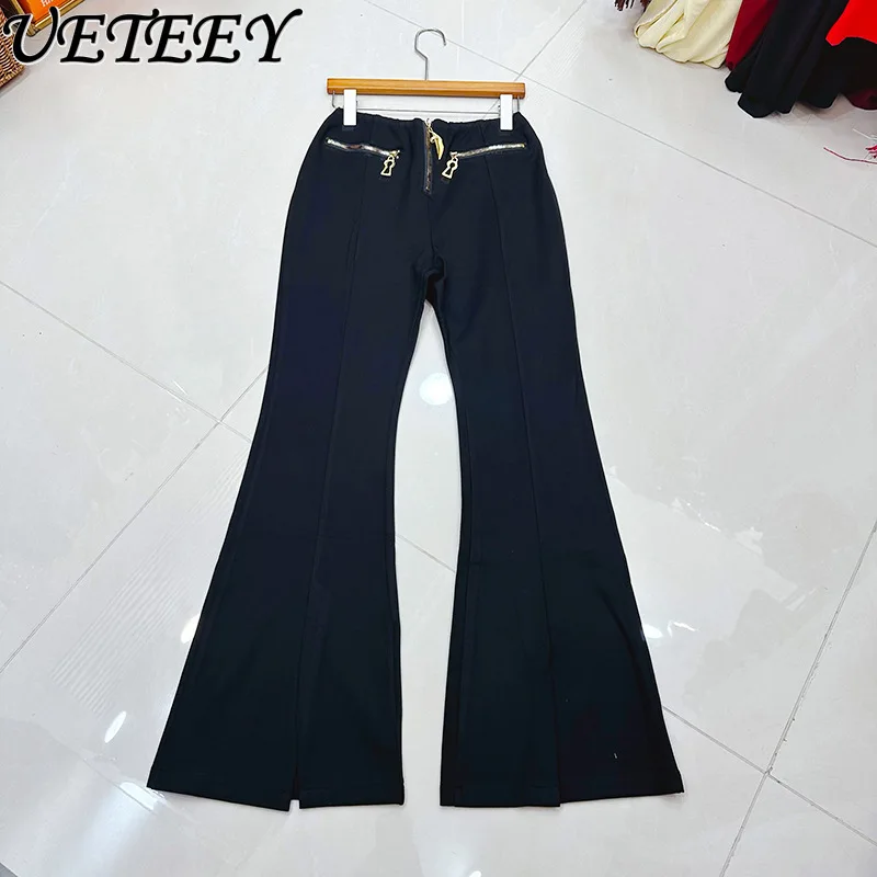 

Новинка Весна 2026: Модные черные брюки-клеш с несколькими молниями, универсальные, в минималистичном стиле, облегающие, повседневные, длинные