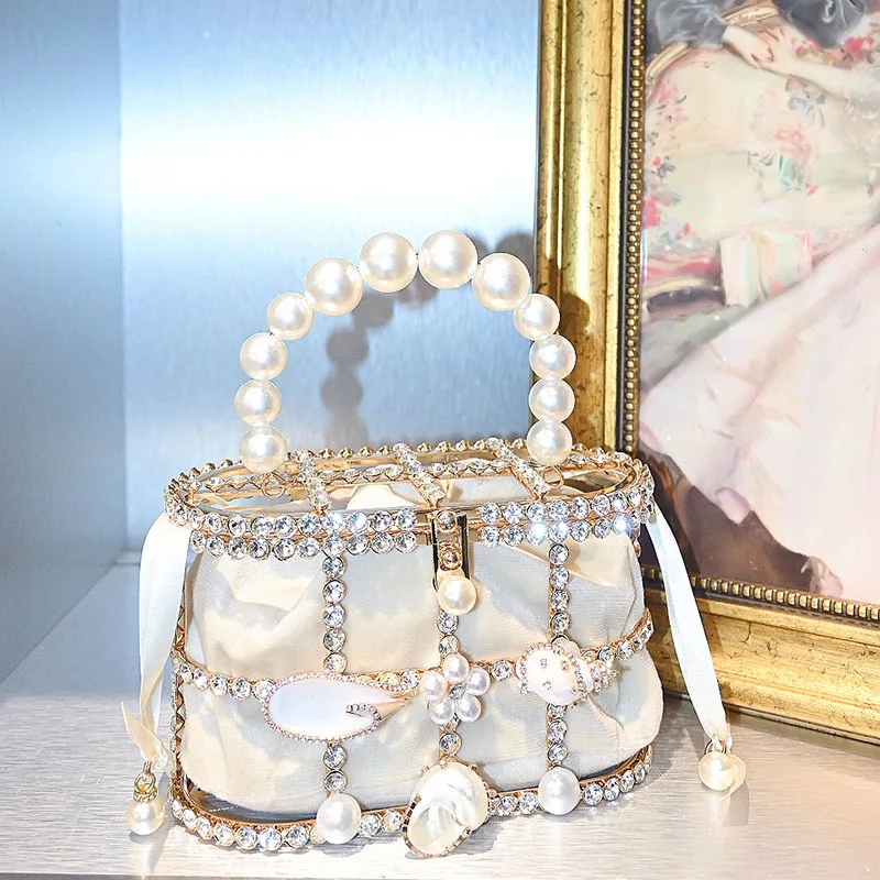 

Металлическая корзина для овощей, инкрустированная бриллиантами сумка для ужина, полая жемчужная ракушка, высококачественная темпераментная сумка